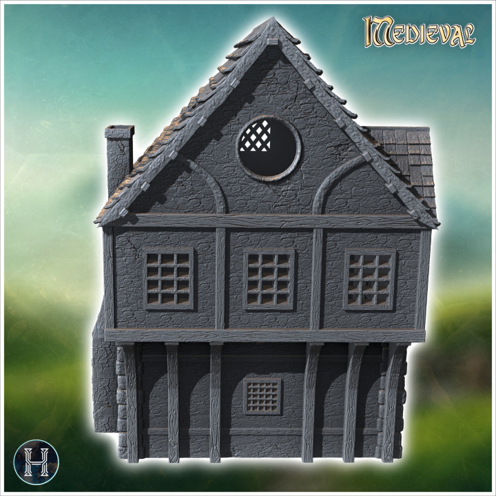 Medieval house with outdoor fireplace, half-timbered walls and access staircase with railing (11) - Medieval Gothic Feudal Old Archaic Saga 28mm 15mm RPG image