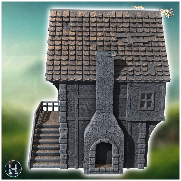 Medieval house with outdoor fireplace, half-timbered walls and access staircase with railing (11) - Medieval Gothic Feudal Old Archaic Saga 28mm 15mm RPG image