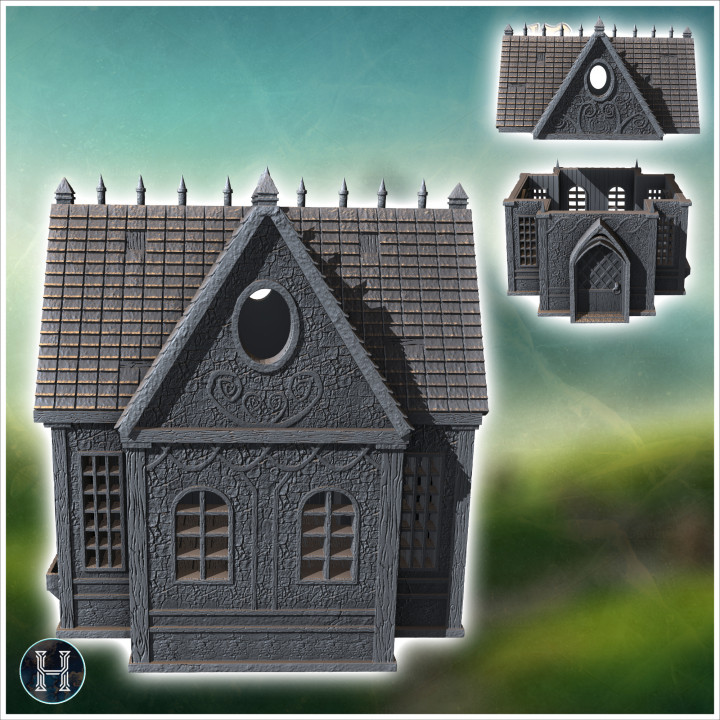Gothic medieval building with spikes, ornamented walls and round windows (13) - Medieval Gothic Feudal Old Archaic Saga 28mm 15mm RPG image