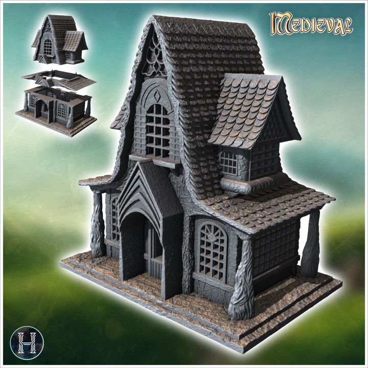 Medieval house with rounded tiled roof, patterned facade walls and carved door canopy (14) - Medieval Gothic Feudal Old Archaic Saga 28mm 15mm RPG image