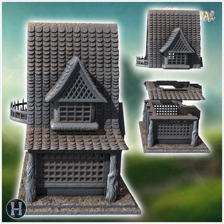 Medieval house with rounded tiled roof, patterned facade walls and carved door canopy (14) - Medieval Gothic Feudal Old Archaic Saga 28mm 15mm RPG image