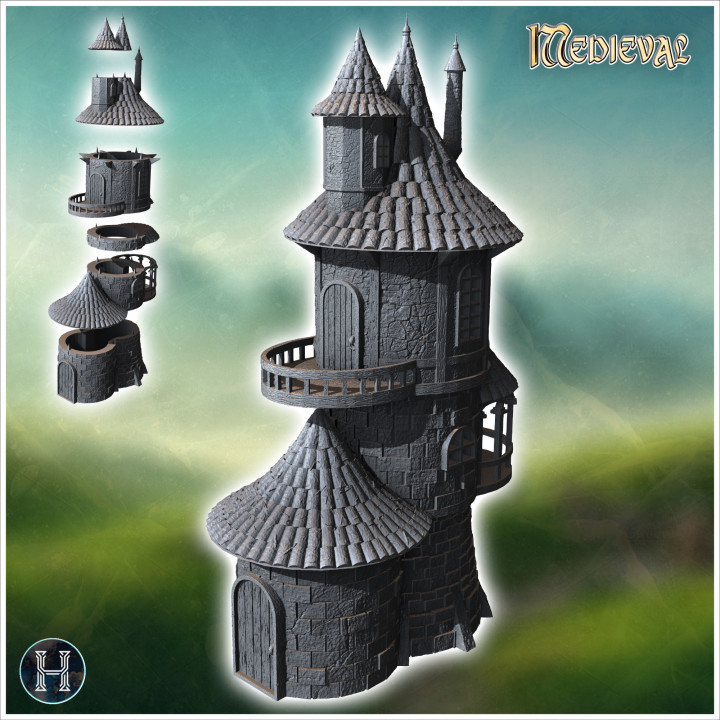 Medieval tower with tiled roof, wooden door, stone block walls and multiple railed balconies (15) - Medieval Gothic Feudal Old Archaic Saga 28mm 15mm RPG image