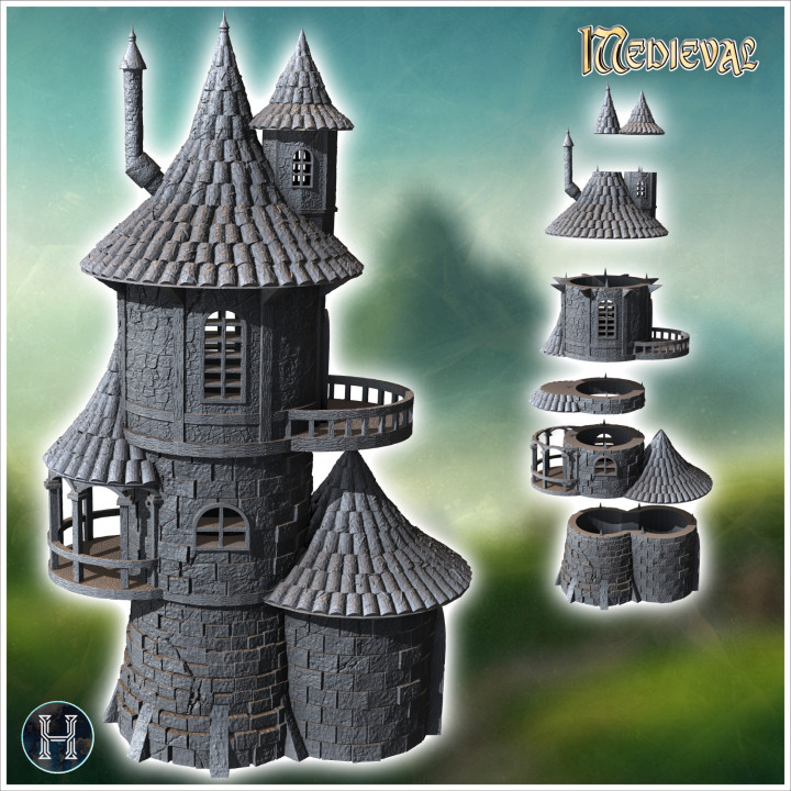 Medieval tower with tiled roof, wooden door, stone block walls and multiple railed balconies (15) - Medieval Gothic Feudal Old Archaic Saga 28mm 15mm RPG image