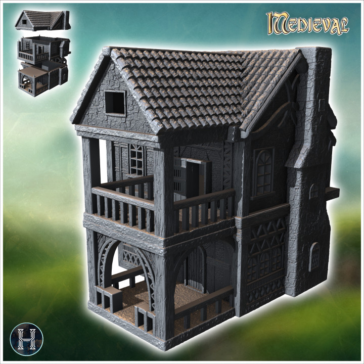 Medieval house with exposed fireplace, carved wooden entrance canopy and first-floor terrace (17) - Medieval Gothic Feudal Old Archaic Saga 28mm 15mm RPG