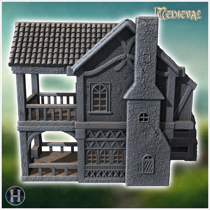 Medieval house with exposed fireplace, carved wooden entrance canopy and first-floor terrace (17) - Medieval Gothic Feudal Old Archaic Saga 28mm 15mm RPG image