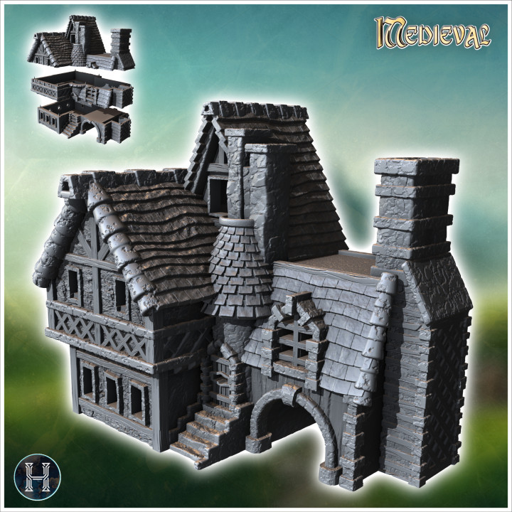 Tiled-roof medieval building with fireplace, access staircase and archway (19) - Medieval Gothic Feudal Old Archaic Saga 28mm 15mm RPG