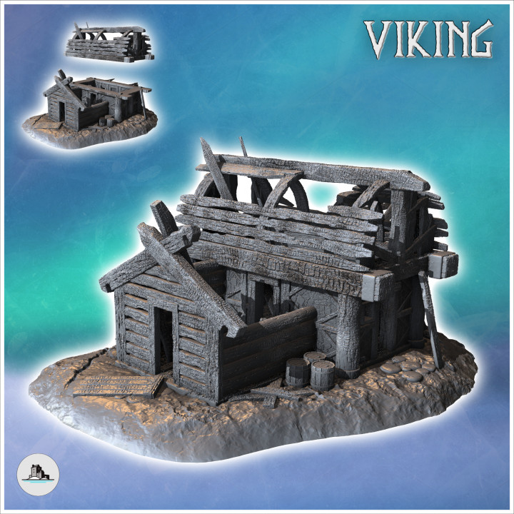 Ruin of a Viking wooden building with rounded roof and destroyed door (14) - North Northern Norse Nordic Saga 28mm 15mm Medieval Dark Age image