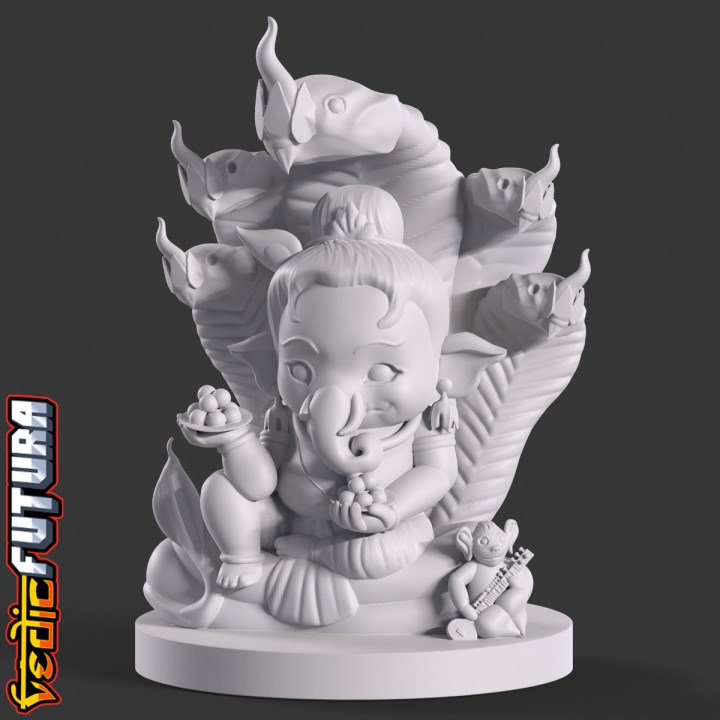 Chibi Ganesh with Serpent Hood and Mouse Musician image