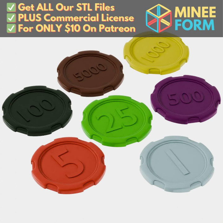Poker Chip Set with Denominations from 1 to 5000 for Casino Gaming MineeForm FDM 3D Print STL File image
