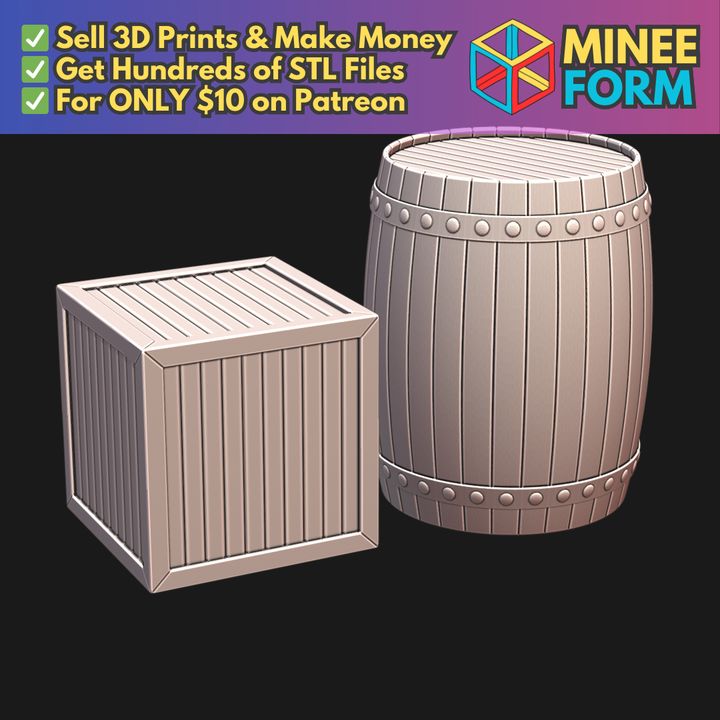 28mm Fantasy Mini Miniature Barrel and Crate for D&D Tabletop Wargame Terrain MineeForm FDM 3D Print STL File