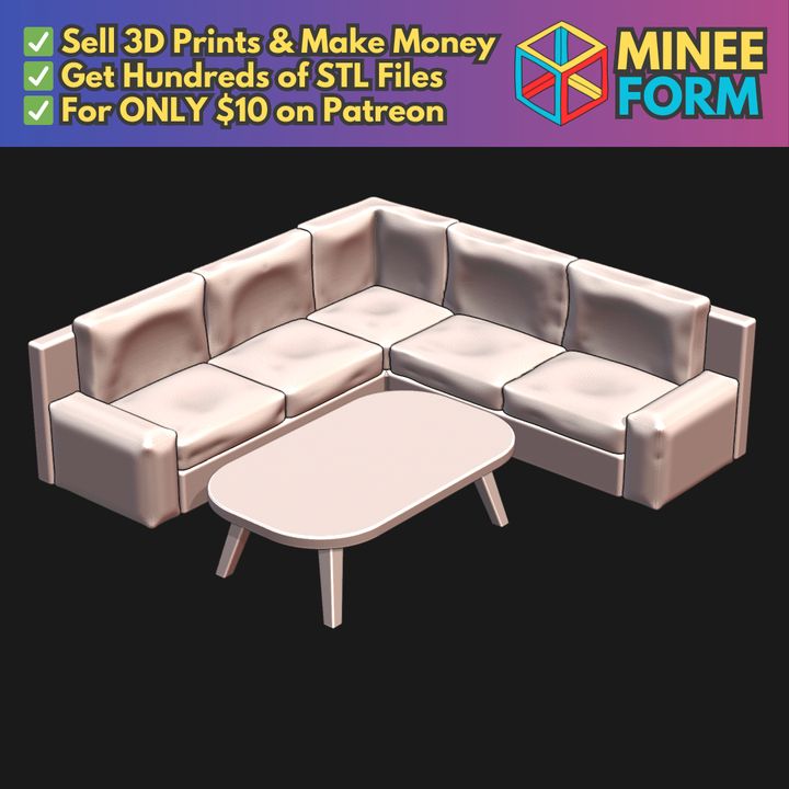 1/24 Scale Model Living Room Set with Leather Sofa and Coffee Table MineeForm FDM 3D Print STL File