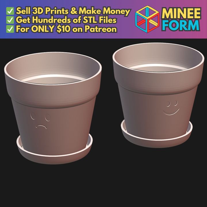 Cute Flower Pots with Happy and Sad Smiley Faces MineeForm FDM 3D Print STL File