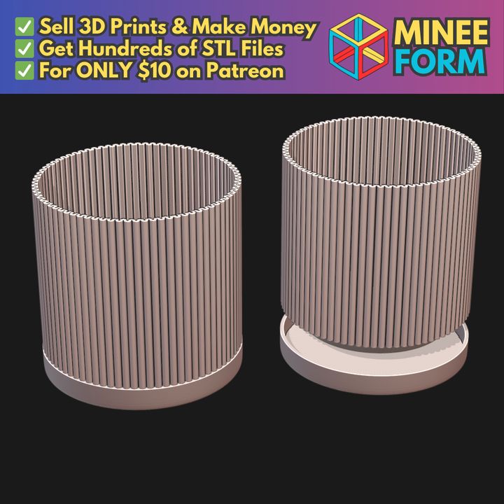 Mid-Century Modern Ribbed Fluted Planter for Indoor Plants MineeForm FDM 3D Print STL File