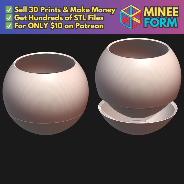 Minimalist Spherical Self Watering Planter Simple Ball Design MineeForm FDM 3D Print STL File