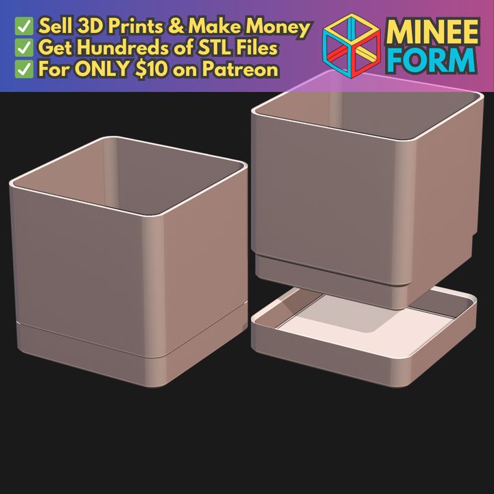 Minimalist Cube Self Watering Planter Simple Square Design MineeForm FDM 3D Print STL File