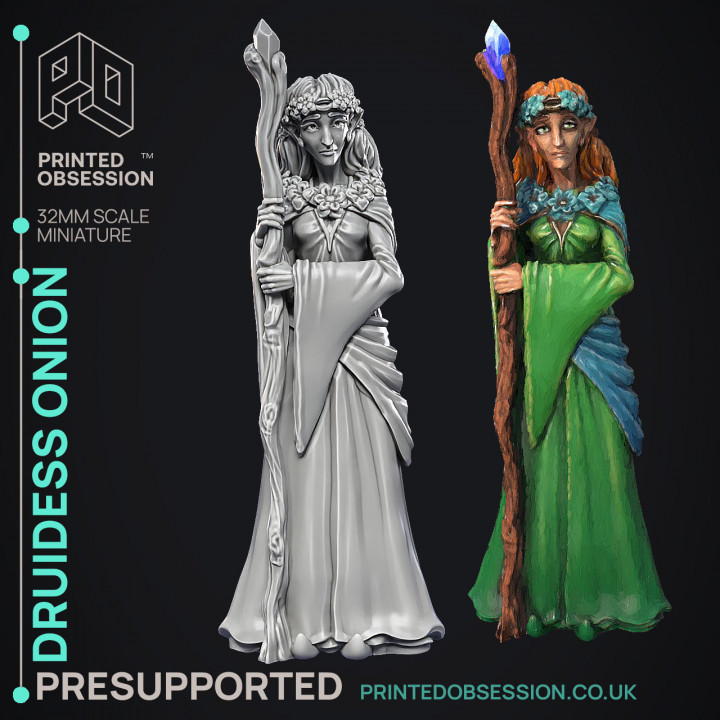 Druidess Onion - Fey Druid -  PRESUPPORTED - Illustrated and Stats - 32mm scale image