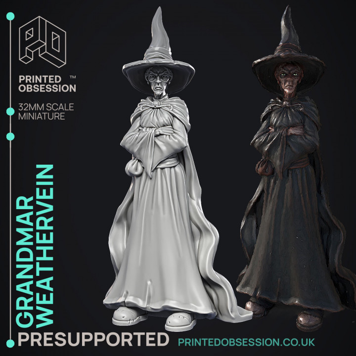 Grandmar Weathervein - Black Witch -  PRESUPPORTED - Illustrated and Stats - 32mm scale image