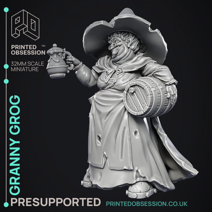 Granny Grog - Black Witch -  PRESUPPORTED - Illustrated and Stats - 32mm scale image