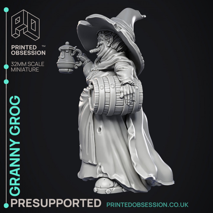 Granny Grog - Black Witch -  PRESUPPORTED - Illustrated and Stats - 32mm scale image