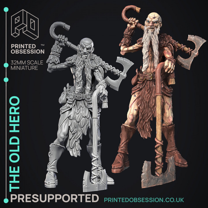 Old Hero - Barbarian -  PRESUPPORTED - Illustrated and Stats - 32mm scale image