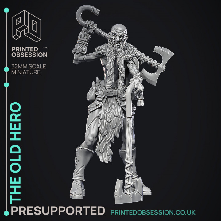 Old Hero - Barbarian -  PRESUPPORTED - Illustrated and Stats - 32mm scale image