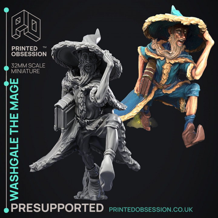 Washgale the mage - Wizzard - PRESUPPORTED - Illustrated and Stats - 32mm scale