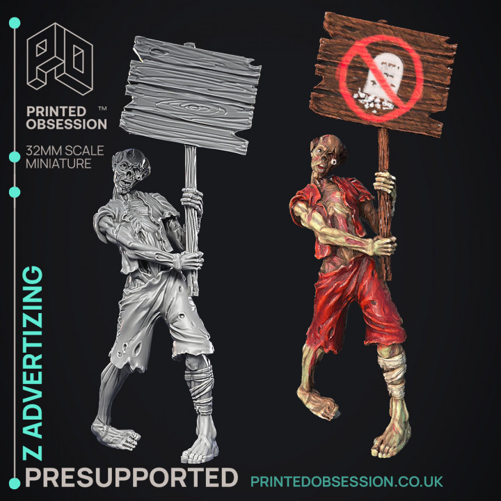 Zombie Advertising - Undead NPC -  PRESUPPORTED - Illustrated and Stats - 32mm scale image