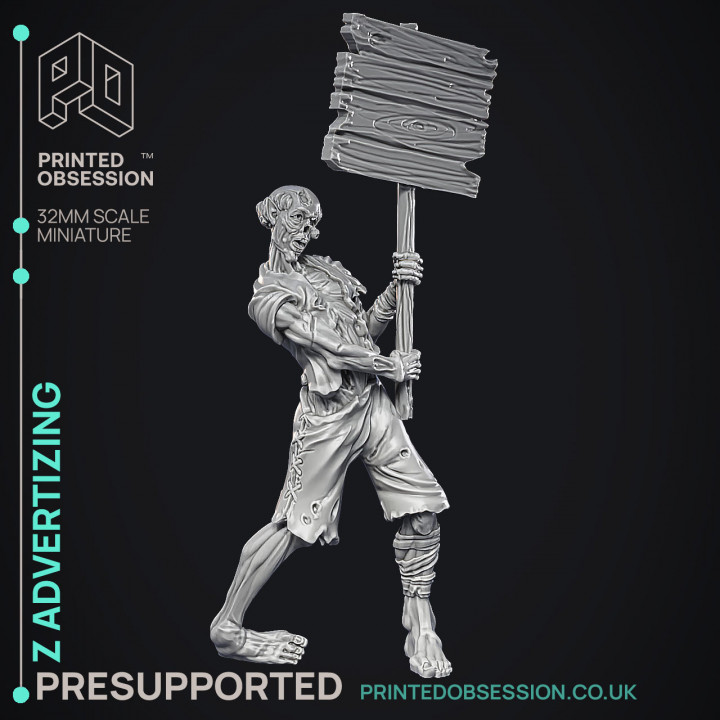 Zombie Advertising - Undead NPC -  PRESUPPORTED - Illustrated and Stats - 32mm scale image