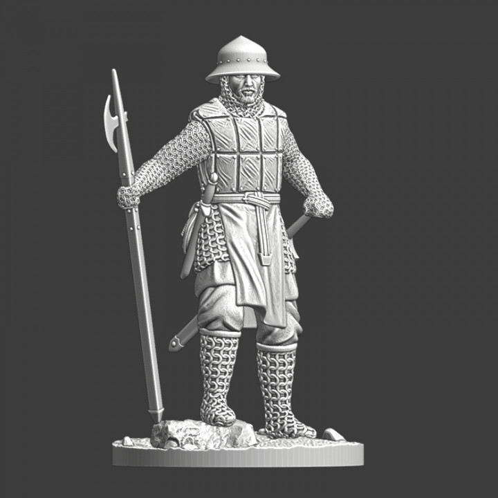 Medieval soldier with pole weapon resting image