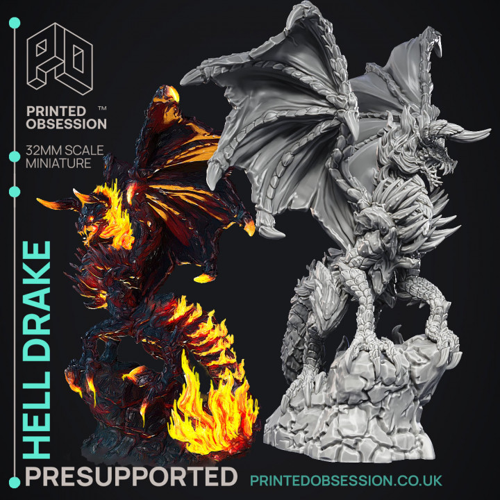 Hell Drake - Demon Dragon -  PRESUPPORTED - Illustrated and Stats - 32mm scale image