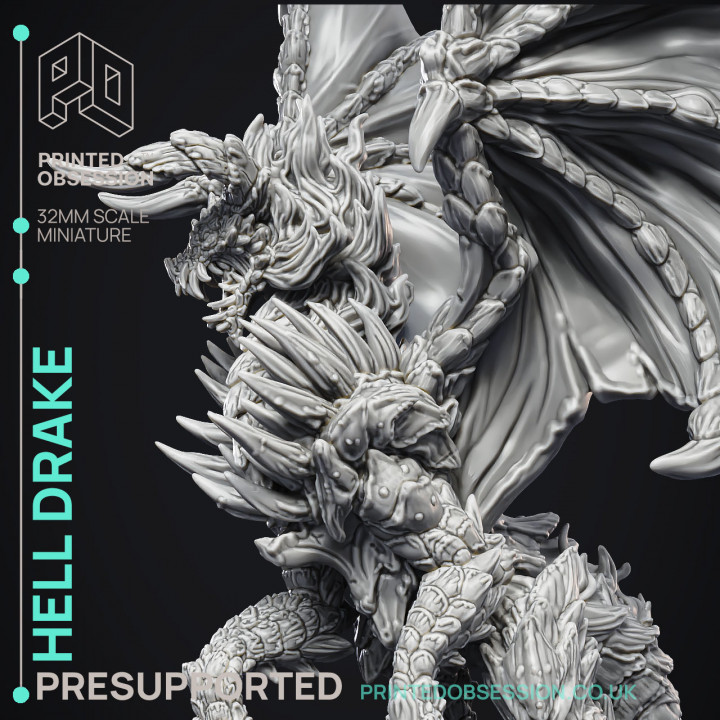 Hell Drake - Demon Dragon -  PRESUPPORTED - Illustrated and Stats - 32mm scale image