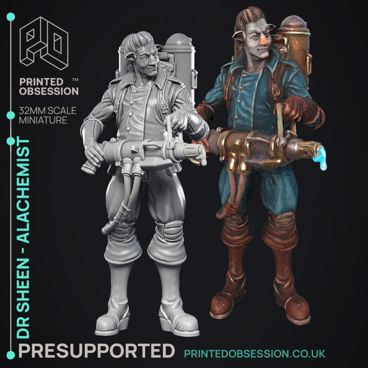 Alchemist - Dr Sheen - Ghast busters -  PRESUPPORTED - Illustrated and Stats - 32mm scale image