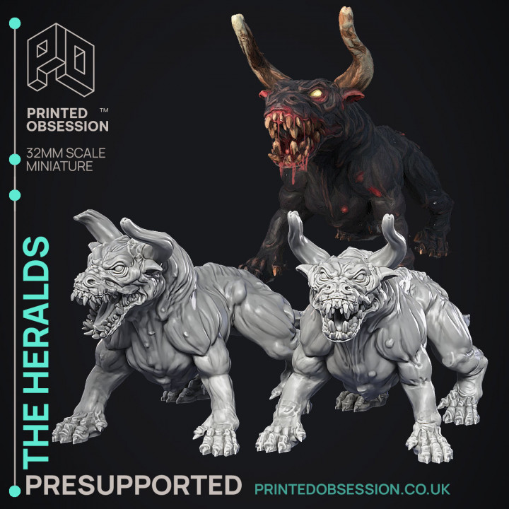 The Heralds - 2 Hell Hounds - Ghast Busters - PRESUPPORTED - Illustrated and Stats - 32mm scale image