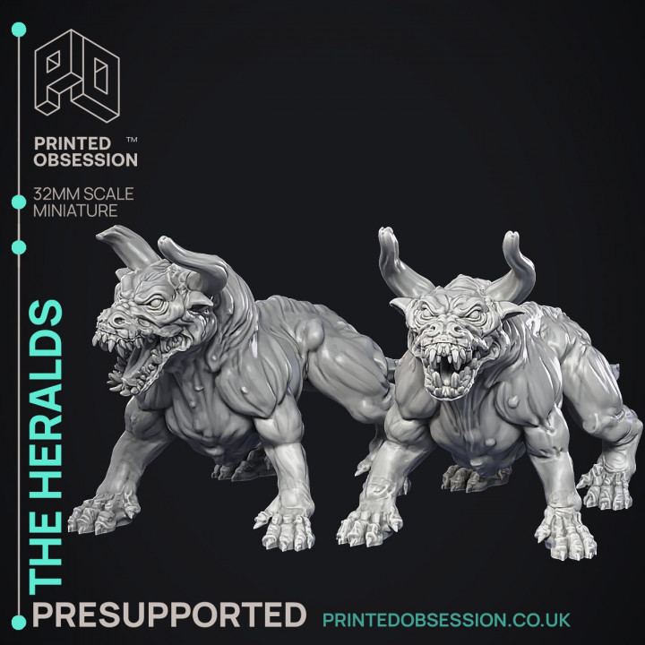 The Heralds - 2 Hell Hounds - Ghast Busters - PRESUPPORTED - Illustrated and Stats - 32mm scale image