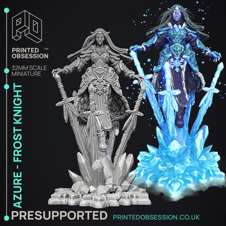 Azure - Frost Knight - Godly Avatars -  PRESUPPORTED - Illustrated and Stats - 32mm scale image