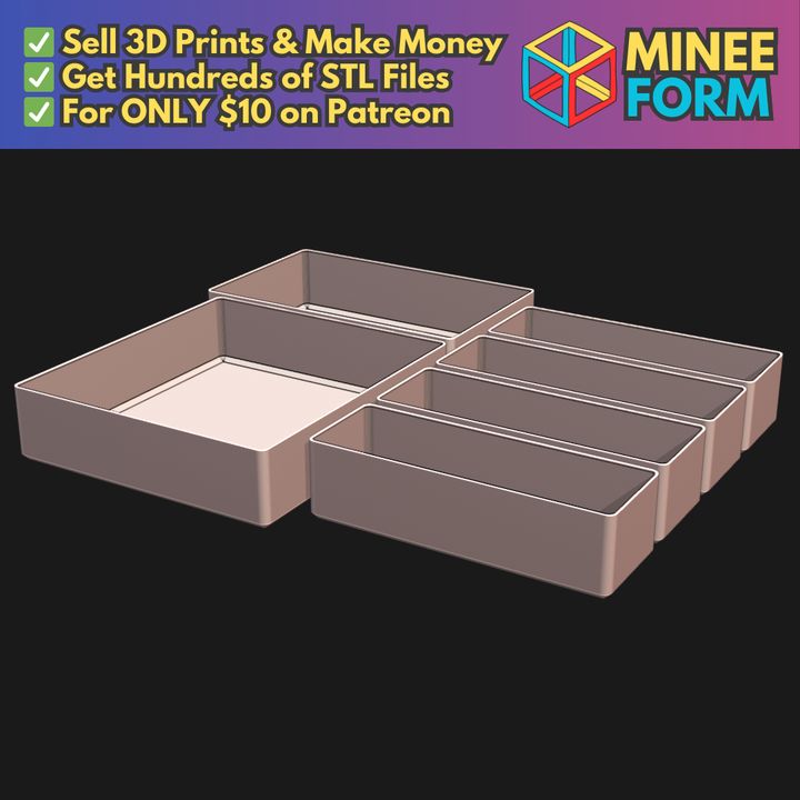 Modular Kitchen Drawer Organizer Set with Various Sizes MineeForm FDM 3D Print STL File