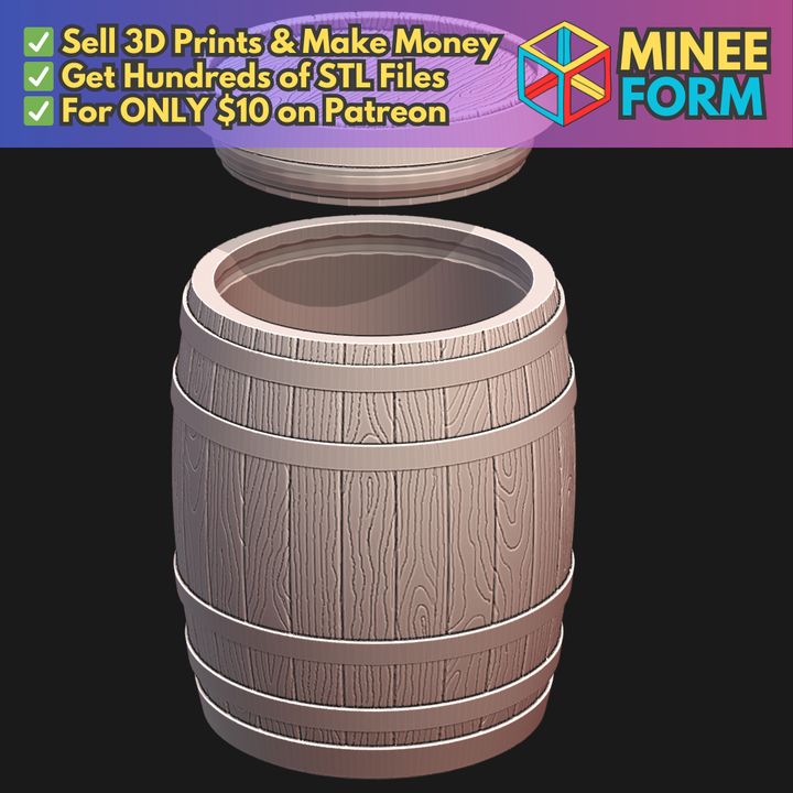 Medieval Barrel Shaped Container with Removable Lid MineeForm FDM 3D Print STL File