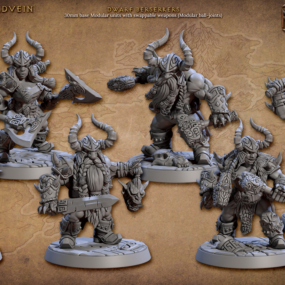 3D Printable Dwarf Berserker - C (The Quest for Goldvein) by