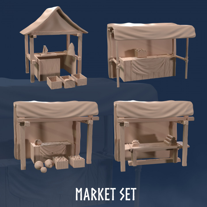 Market Set (4 Models) - Shops - Shop - Market - Market Stall - Stalls - Stall - Medieval Market - Fantasy Market - Shopkeeper - Market Tent - Medieval - Vendor - Merchant image