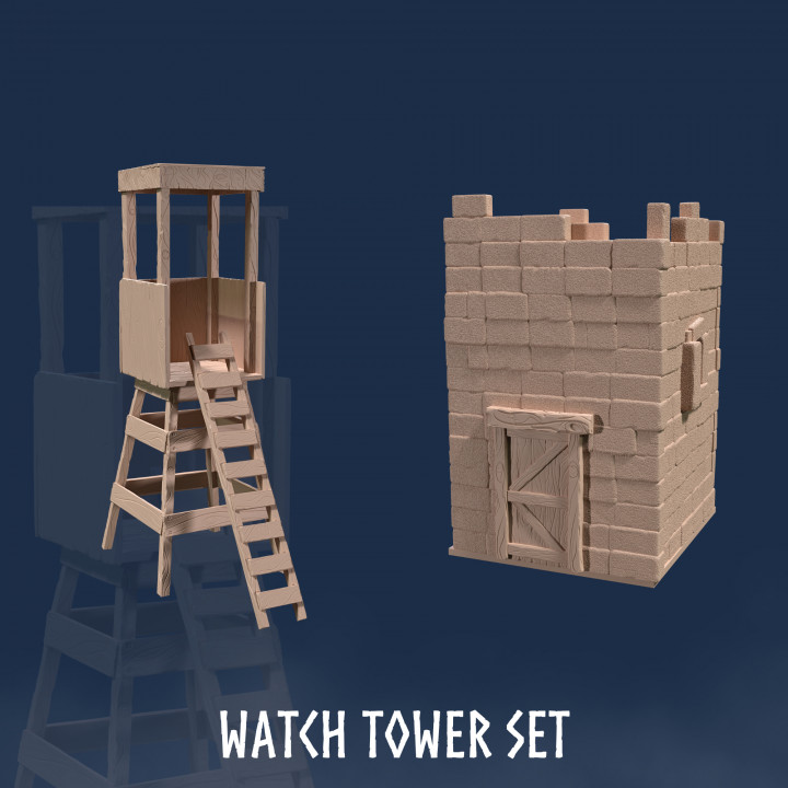 Watch Tower Set (2 Models) - Watch Tower - Medieval Watch Tower - Building - Tower - Buildings - Terrain - Guard Tower - Scout Tower - Wood Tower - Ruined Tower image