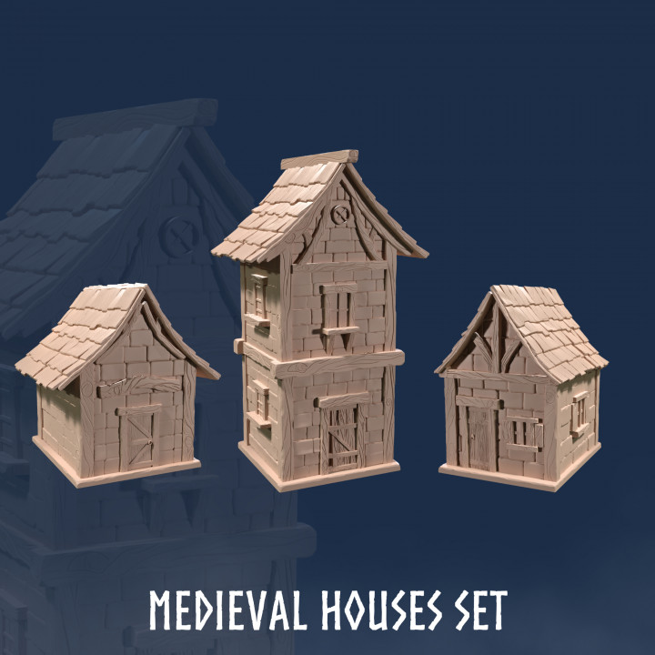 Medieval Houses Set (3 Models) - Houses - House - Medieval House - Fantasy House - Human House - House - Building - Hut - Shed  - Home -  Terrain image