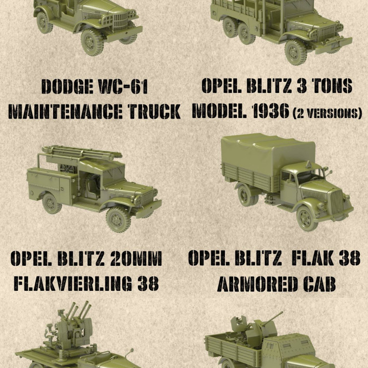 STL PACK - DODGE WC trucks + Opel Blitz trucks of WW2 + 4 trailers (scale 1:56) image