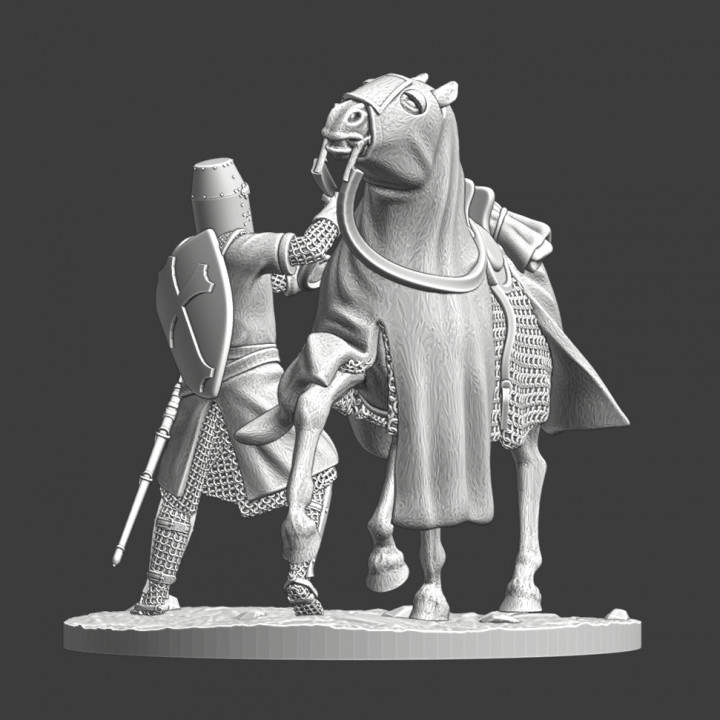 Medieval knight trying to calm his horse image