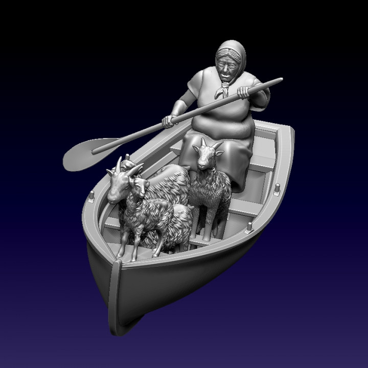 GRANDMOTHER AND GOATS ON BOAT image