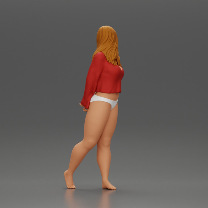 sexy girl in bikini and shirt walking and posing image