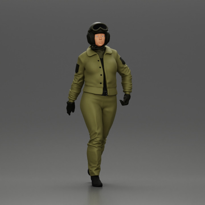 Pilot Woman Walking with Military Helmet and Emergency Shoulder Bag image