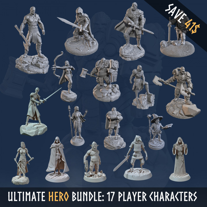 Ultimate Hero Bundle: 17 Hero Player Characters (Hero, Heroes, Gnome, Paladin, Dwarf, Ranger, Elf, Mage,  Archer, Githyanki, Warrior, Fighter, Halfling, Rogue,  Human, Warrior, Kenku, Monk, Orc, Barbarian, Ranger)