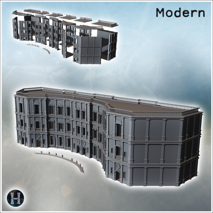 Large baroque palace with flat roof with railing and concave central part (1) - Modern WW2 WW1 World War Diaroma Wargaming RPG Mini Hobby