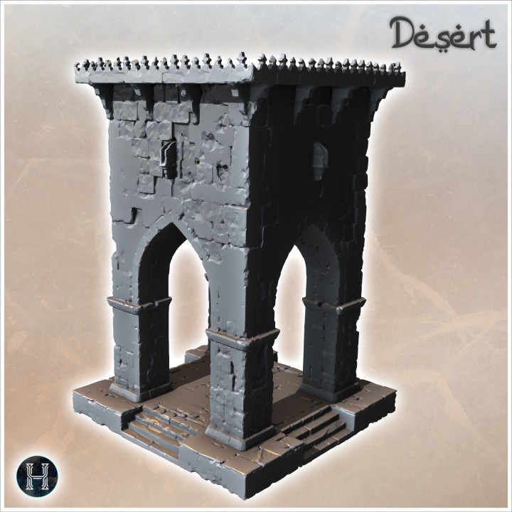 Eastern stone tower on platform with four arches and ornaments (3) - Canyon Sandy Landscape 28mm 15mm RPG DND Nomad Desertland African Middle East