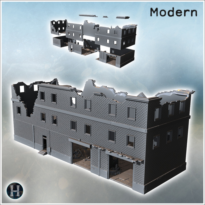 Ruined brick building with floor, garage doors, and interior debris (8) - Modern WW2 WW1 World War Diaroma Wargaming RPG Mini Hobby